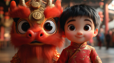 男孩与中国传统瑞兽