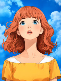 红发蓝眼女孩穿黄衣望天空