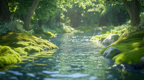 青苔覆盖的春日溪流