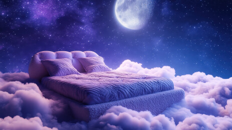 3D渲染，夜空云端上紫色的床