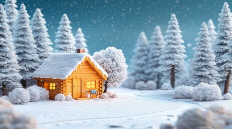 冬天雪地小木屋下雪场景