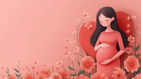 幸福的孕妇抚摸肚子卡通插画，二胎生育概念