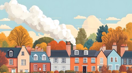 烟囱上升的白烟与古朴建筑