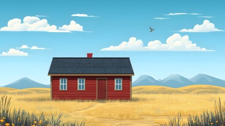 阳光下的荒野小屋