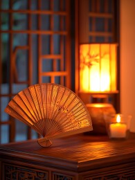 柔光下木桌上的竹扇