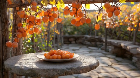 凉亭内石桌上的秋日丰收
