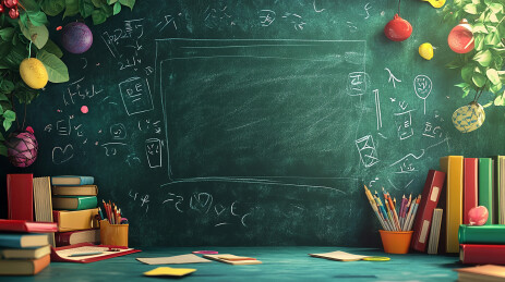 涂鸦黑板与散落书本插画背景