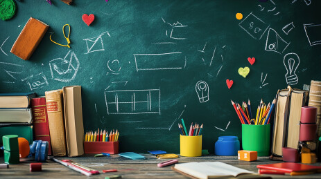 涂鸦黑板与散落书本插画背景