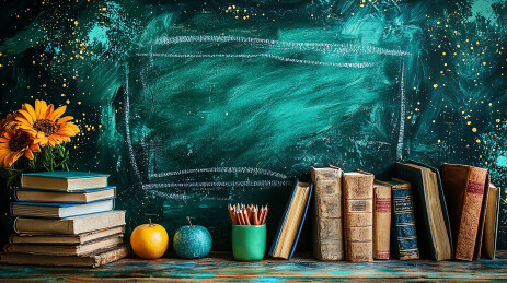 涂鸦黑板与散落书本插画背景