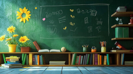 涂鸦黑板与散落书本插画背景