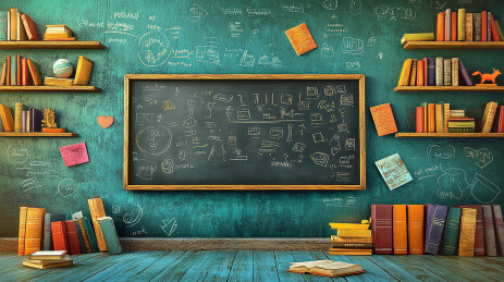 涂鸦黑板与散落书本插画背景