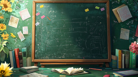 涂鸦黑板与散落书本插画背景