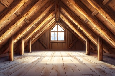 阳光下的旧阁楼木梁