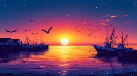 清晨渔村码头的宁静海景