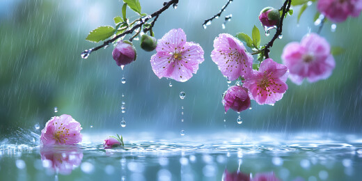 雨中粉色花朵水滴倒影唯美画面