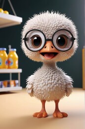 卡通鸭戴着眼镜站在厨房里厨房里放着橙汁高