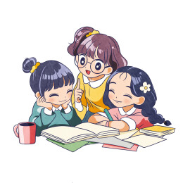 课堂学习小组认真思考学习的女生卡通插画