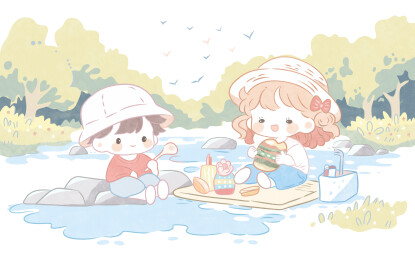 夏日郊游湖泊水岸野炊快乐童年简笔画插画