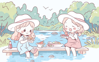 夏日郊游湖泊水岸野炊快乐童年简笔画插画