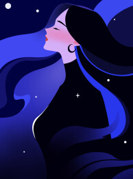 长发女性侧脸深蓝夜空现代扁平极简插画海报