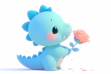 蓝色小恐龙手持粉色玫瑰