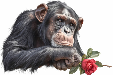 手托玫瑰神情忧郁的黑猩猩