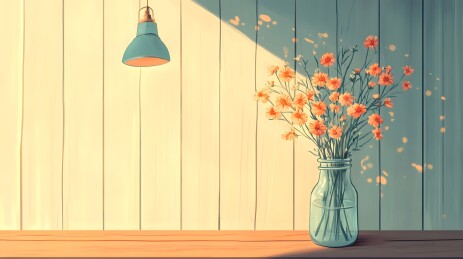 木质墙面上复古玻璃瓶与温暖壁灯