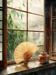 窗台上古朴竹扇的自然之美