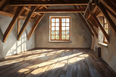 阳光下的旧阁楼木梁