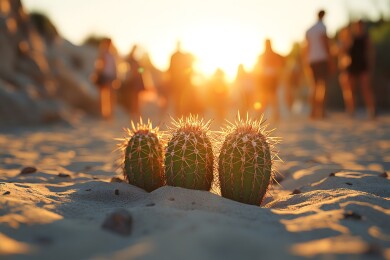 阳光下的仙人掌与好奇游客
