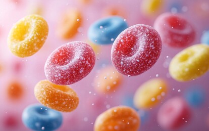 蓝色杯碟中洒落的糖果