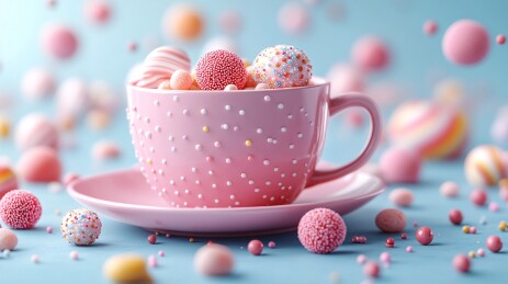 蓝色杯碟中洒落的糖果