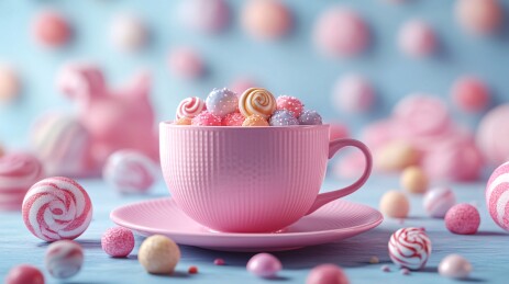 蓝色杯碟中洒落的糖果