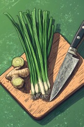 木质砧板上的葱花与姜块