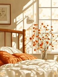 卧室中的复古木床头与干花壁灯