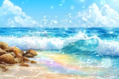 阳光海岸礁石上的彩虹海浪
