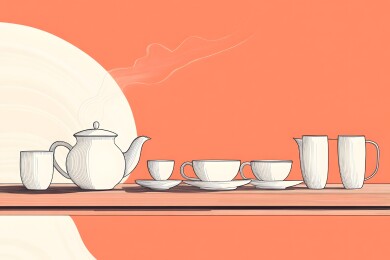 古朴茶几上的热茶与茶具
