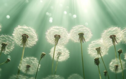 阳光下飘絮的蒲公英群