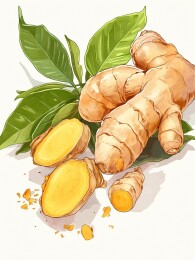 带绿叶的鲜生姜插画图