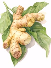 带绿叶的鲜生姜插画图