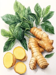 带绿叶的鲜生姜插画图