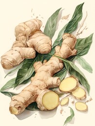 带绿叶的鲜生姜插画图