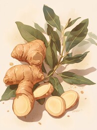 带绿叶的鲜生姜插画图