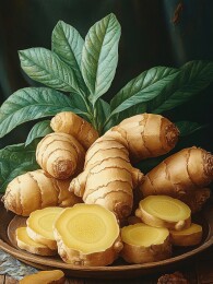 带绿叶的鲜生姜插画图