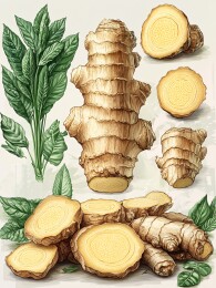 带绿叶的鲜生姜插画图