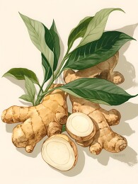 带绿叶的鲜生姜插画图