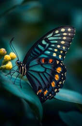 叶上蓝蝶带水珠