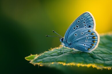 叶上蓝蝶带水珠