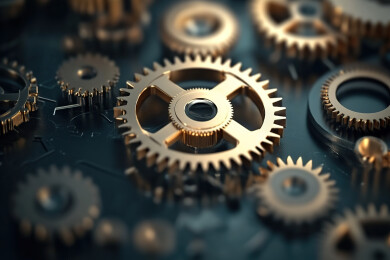 精密仪器齿轮特写和精细化分工协作沟通概念