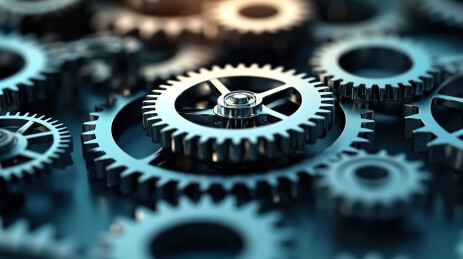 精密仪器齿轮特写和精细化分工协作沟通概念